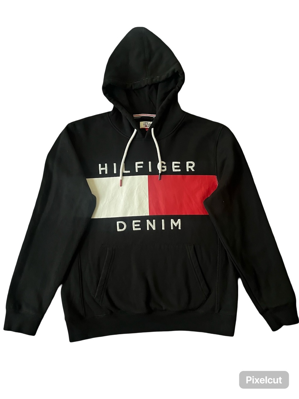 Tommy Hilfiger Black Hoodie with White and Red Flag Panel